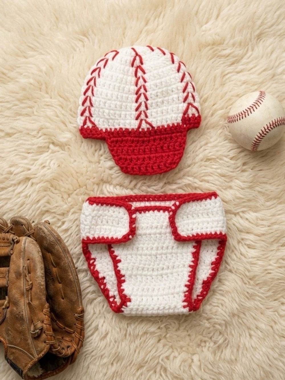 Handmade Red and White Crochet Baby Set Little Baseball Player NB-3M Photo Prop